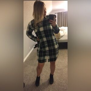 Elegant Green Plaid Long Sleeve Dress